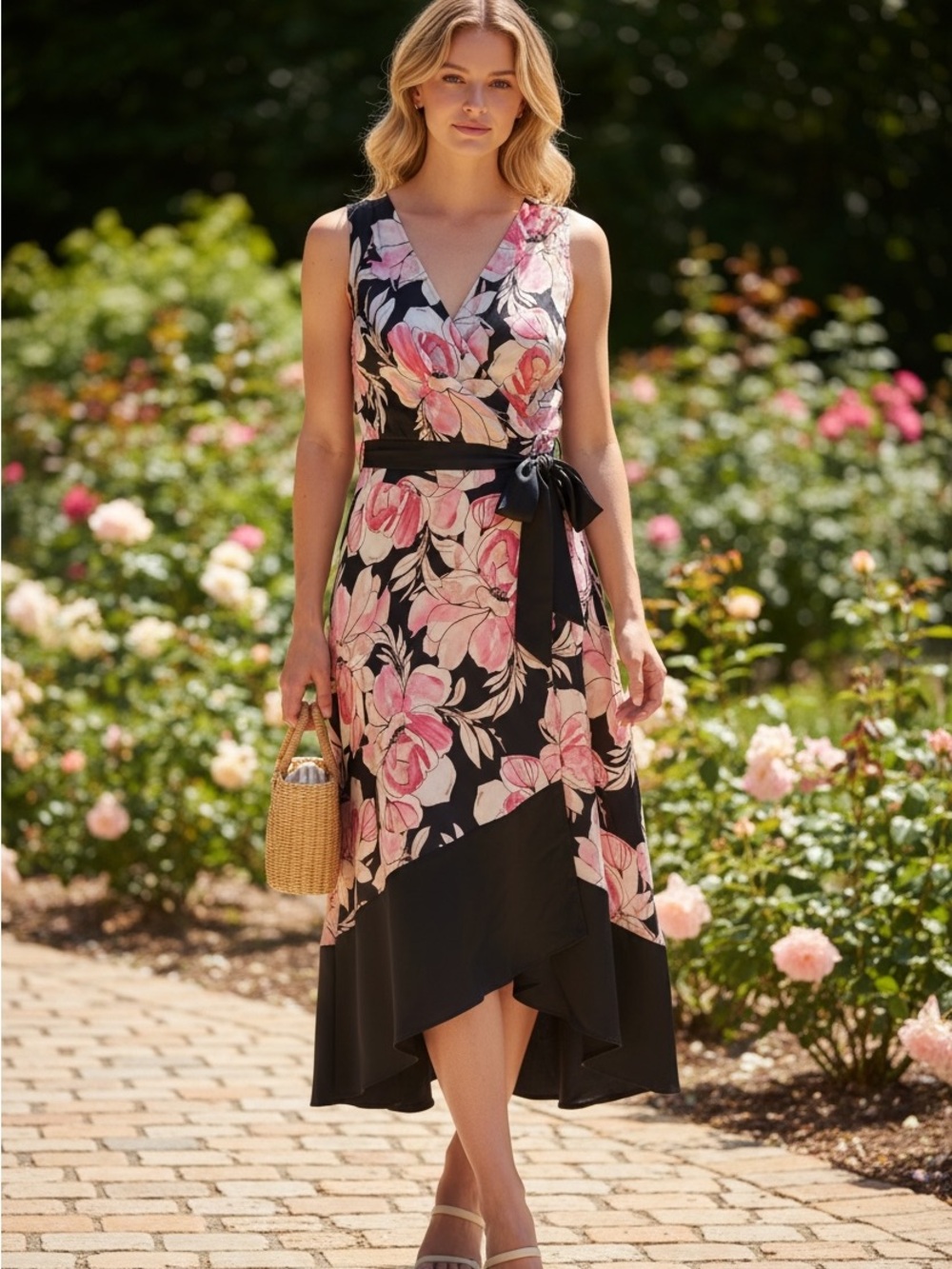DKNY Black Dress with Pink Floral Wrap and Hi-Low Hem